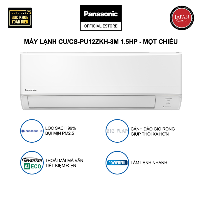 Máy lạnh/Điều hòa Panasonic CU/CS-PU12ZKH-8M - Công suất 1.5HP - Một chiều - Inverter - Lọc không khí bụi mịn - Hàng chính hãng