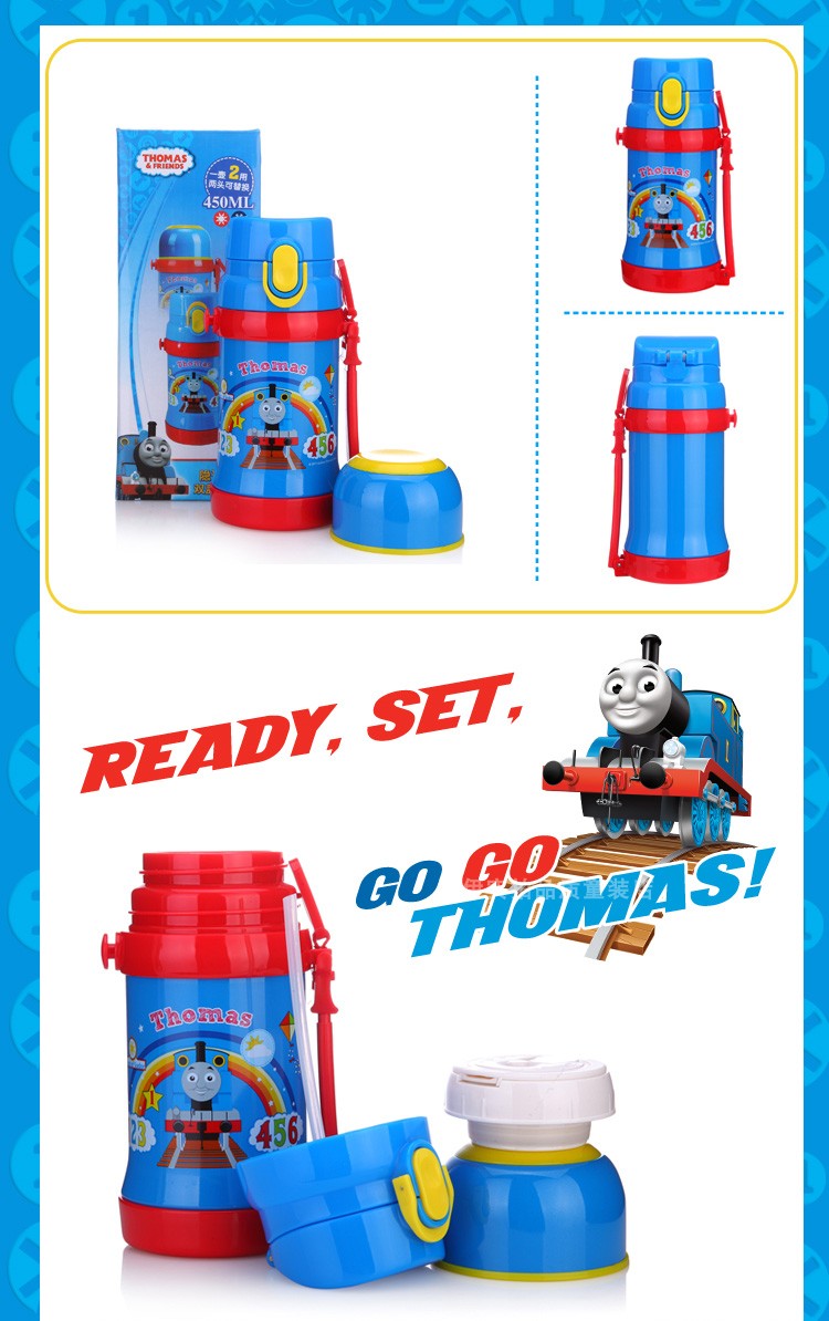 Bình nước giữ nhiệt 2 nắp hình xe lửa Thomas cầu vồng màu xanh dương cho trẻ em, bé trai - TM4346