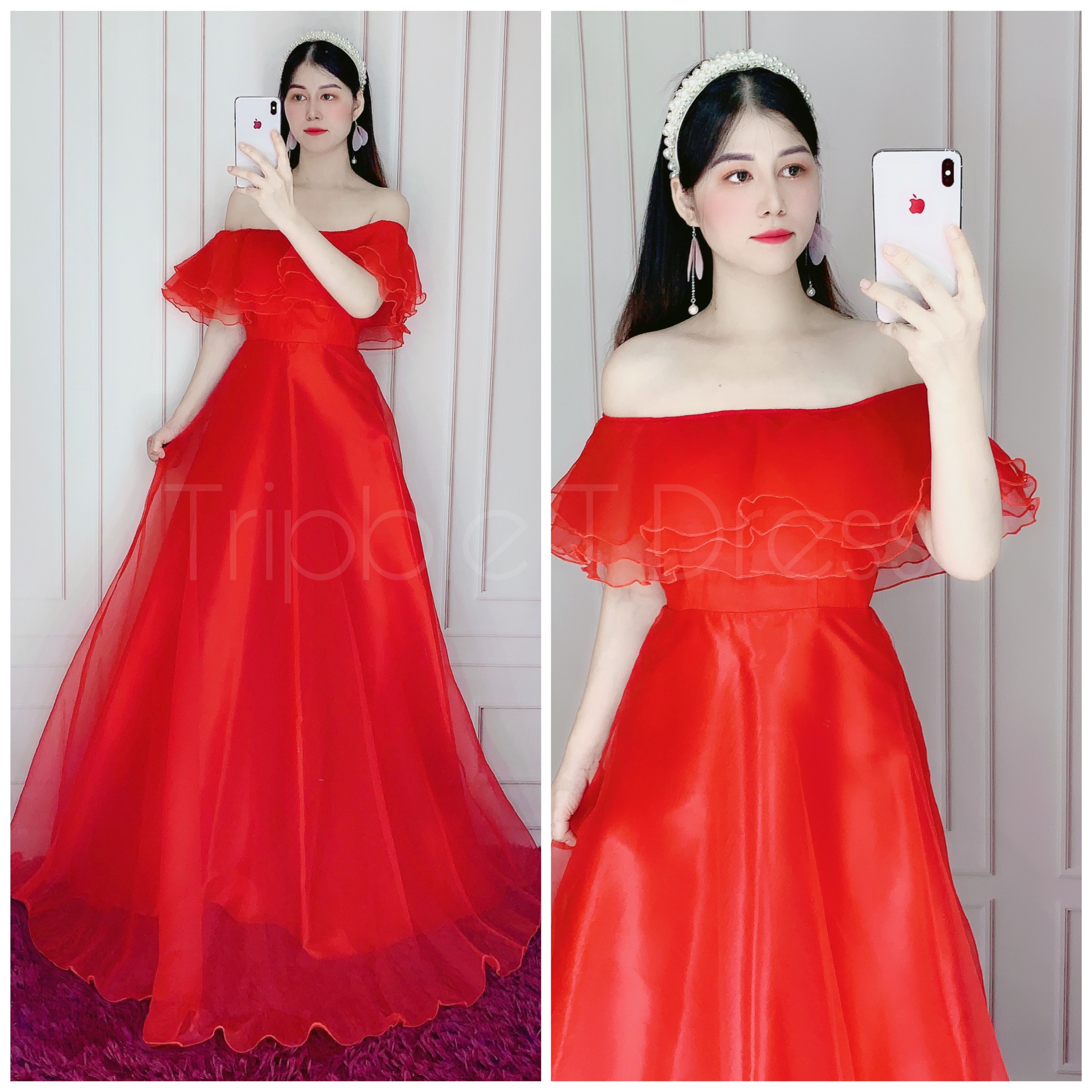 Đầm maxi dự tiệc mặc cưới bẹt vai tầng bèo TRIPBLE T DRESS - Size S/M/L (ảnh/video thật) MS324V