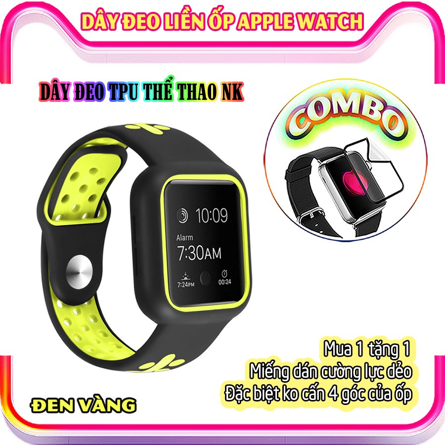 Dây Đeo liền ốp dành cho Apple Watch size 38/40/42/44mm TPU thể thao viền màu - Đen Vàng (tặng dán KCL theo size)