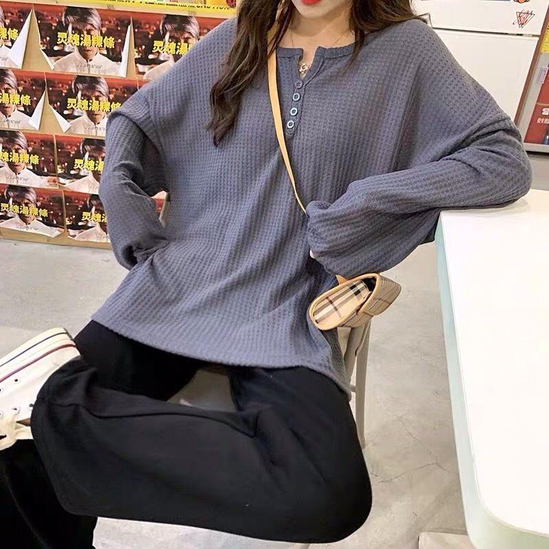 Áo Ulzzang Thun Len Mỏng Tay Bo Cúc Cài Dáng Rộng Cổ V