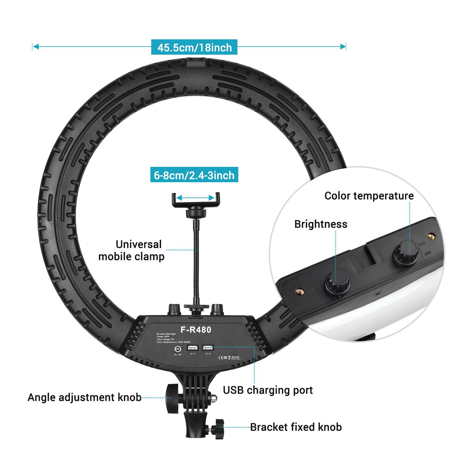 Bộ đèn chụp ảnh 18 inch LED Ring Light 3200K-5600K Có thể điều chỉnh độ sáng vô cấp Điều khiển từ xa