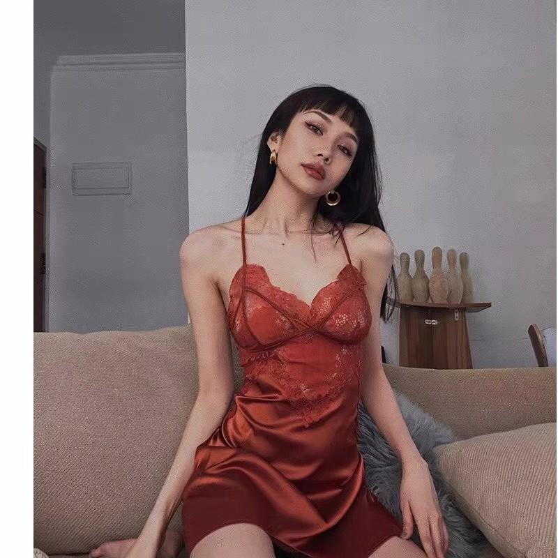 Đồ Ngủ Sexy Nữ| Váy ngủ QUẢNG CHÂUFreeship-Có Ảnh Thật Đầm ngủ lua phối ren ngực đan dây hàng có sẵn (M21)