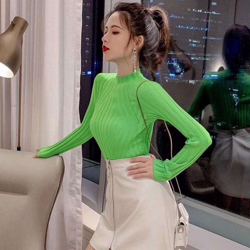 Áo Sweater dệt kim cổ lọ tay dài thiết kế ôm sát tôn dáng