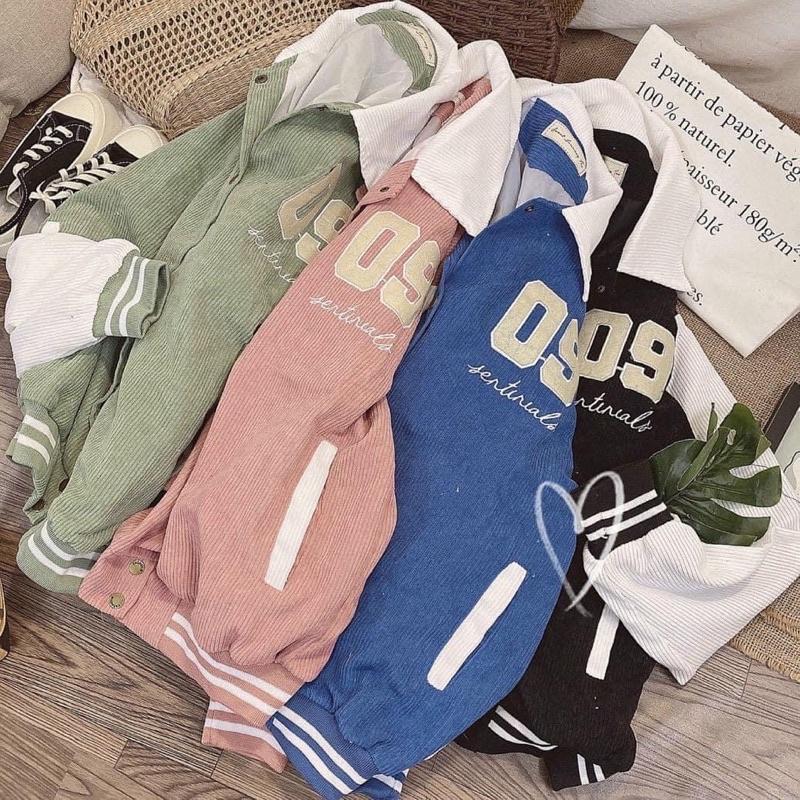 Áo khoác bomber bóng chày cổ sơmi nhung gân 2 lớp thêu số 09 unisex ulzzang nam nữ