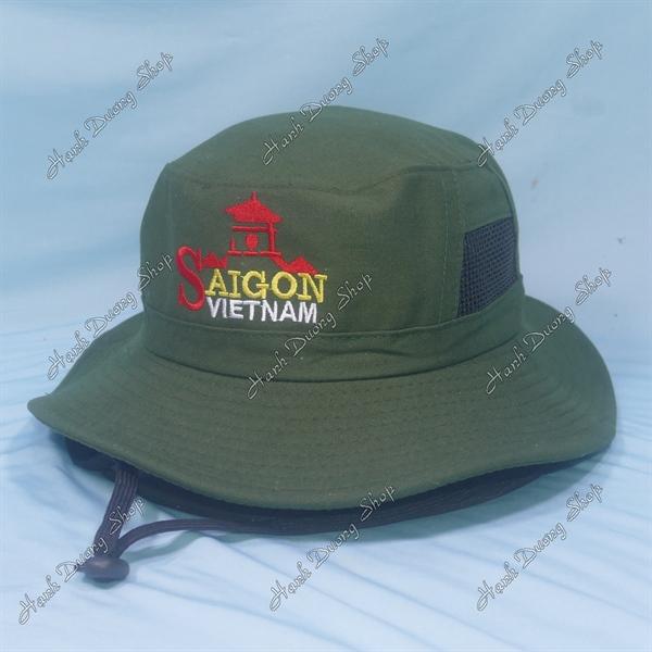 Nón tai bèo nón lính nam thêu chữ Sài Gòn Việt Nam, có lỗ thông gió bên hông nón - Rêu Đậm
