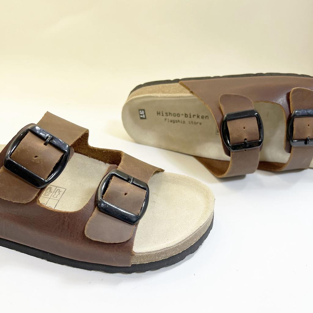 Dép đế trấu birken chất liệu da bò sáp nam nữ unisex quai ngang 2 khóa size 35 - 43 chính hãng Hishoo S104