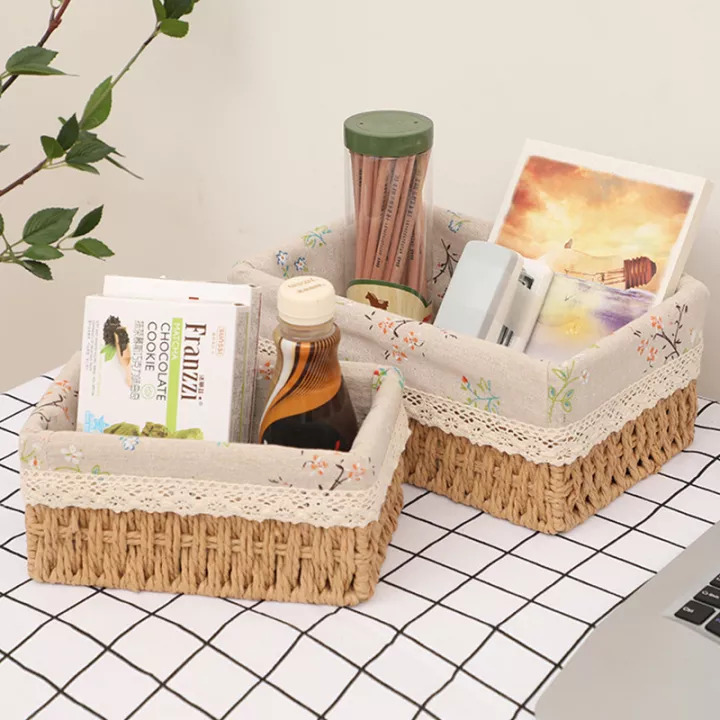 Giỏ Cói, Rổ Cói Vintage Có Vải Lót Hình Chữ Nhật  - Phù Hợp Để Phòng Khách, Đựng Đồ Trang Tri Bàn Làm Việc Gọn Gàng Xinh Xắn