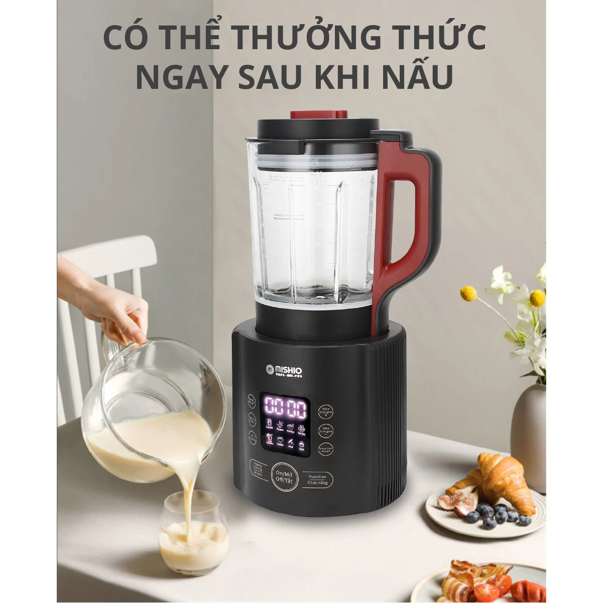 Máy làm sữa đậu nành không cần lọc bã Mishio MK360 800W cối thủy tinh Borisilicate 1.75L - Hàng chính hãng