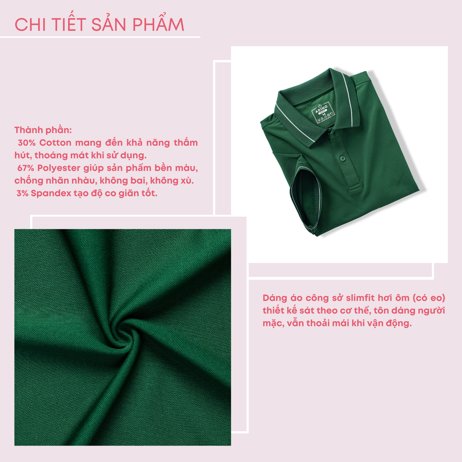 Áo thun có cổ nữ màu xanh lá (xanh ve chai) phối viền ADINO vải polyester cotton không bai xù dáng công sở slimfit hơi ôm trẻ trung APN04