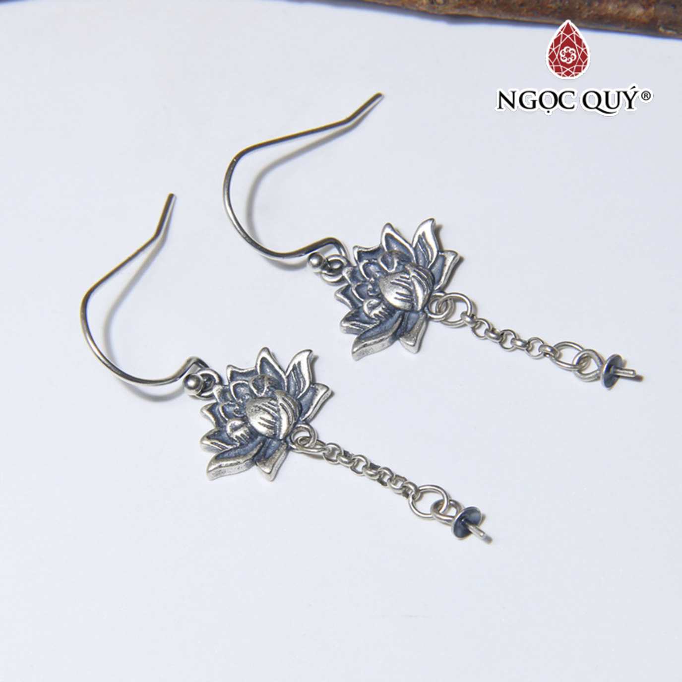 Bông tai bạc hoa sen gắn hạt treo (móc treo) - Ngọc Quý Gemstones