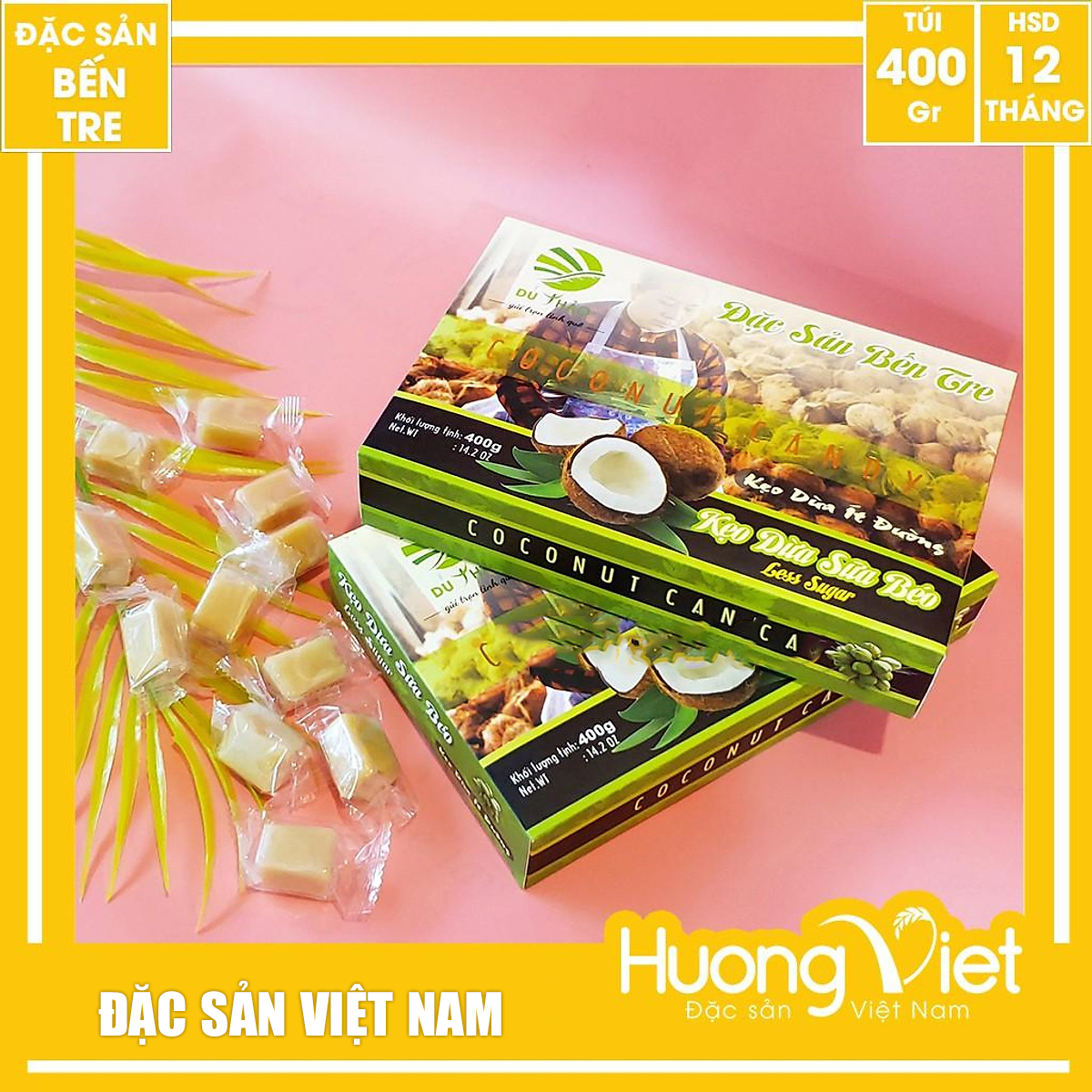 Đặc Sản Bến Tre - Kẹo Dừa Nguyên Chất Sữa Béo Ít Đường Du Thảo 400G, Kẹo Dừa Bến Tre, Kẹo Dừa Ít Ngọt