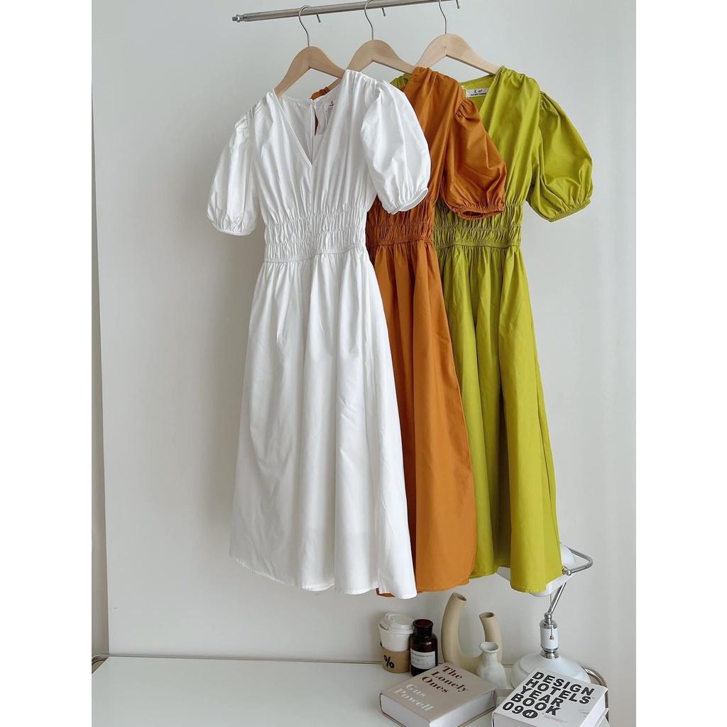 Váy Cổ V Chun Eo Tay Bồng Chât Thô Dáng Dài Nhiều Màu, Labibi