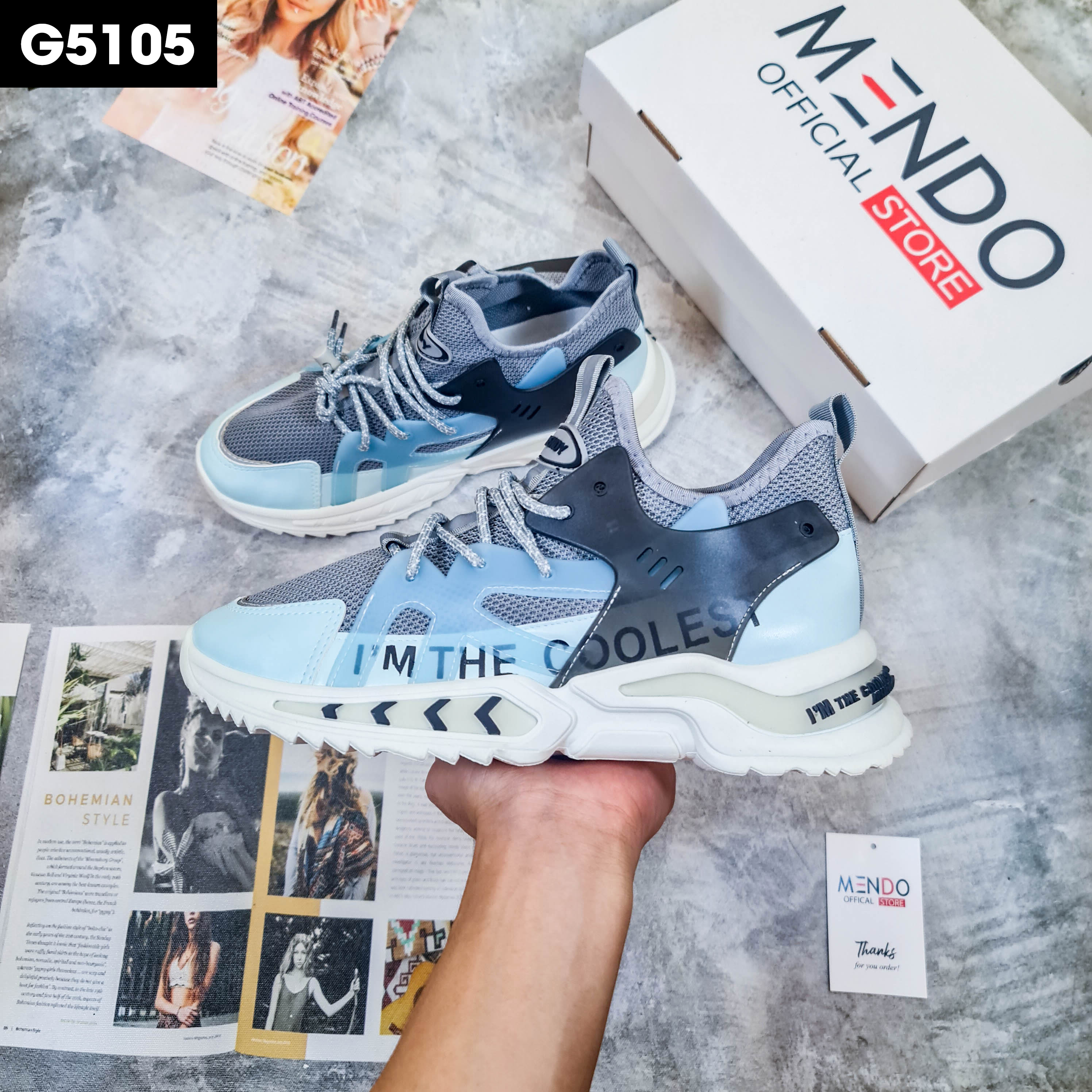 Giày Thể Thao Nam MENDO - Giày Sneaker Màu Xám - Đen - Trắng, Giày Thể Thao Chạy Bộ Xuyên Việt - G5105