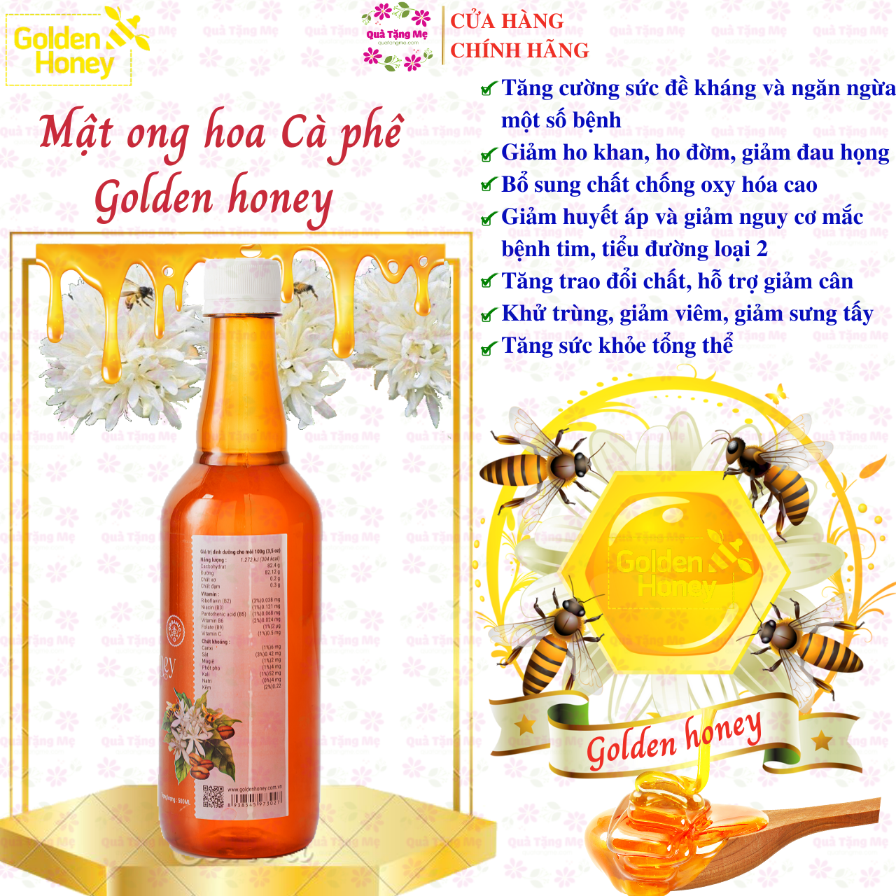 Mật ong Golden honey hỗ trợ tăng sức đề kháng, giảm ho, viên họng, dưỡng ẩm da và môi cang bóng mịn màng, dùng nấu ăn - QuaTangMe Extaste