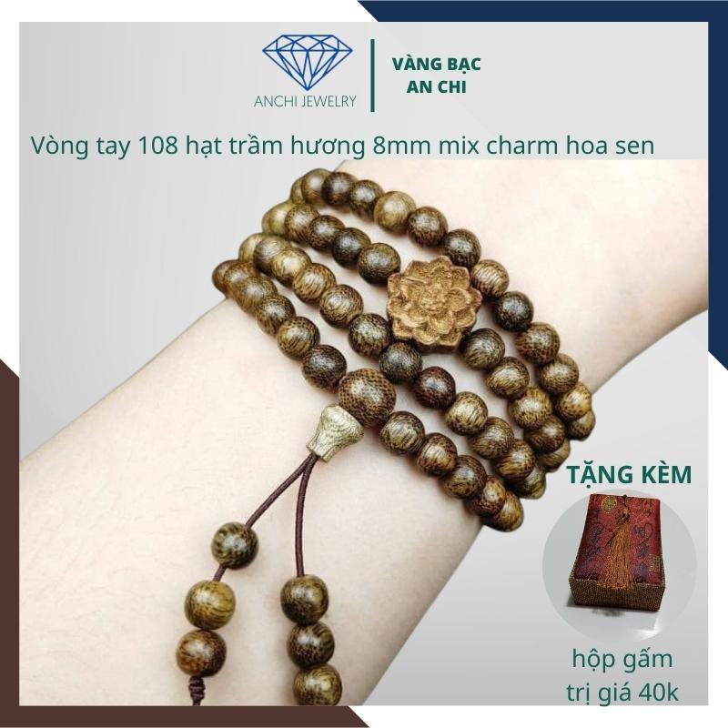 Vòng tay 108 hạt trầm hương 8mm mix charm hoa sen An chi Jewelry