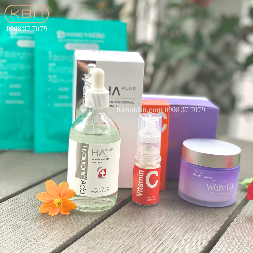 Combo 3 Sản Phẩm HA Plus 100ml + Vitamin C Bột + Kem Dưỡng White Lie, Tặng 2 Mặt Nạ Soothing