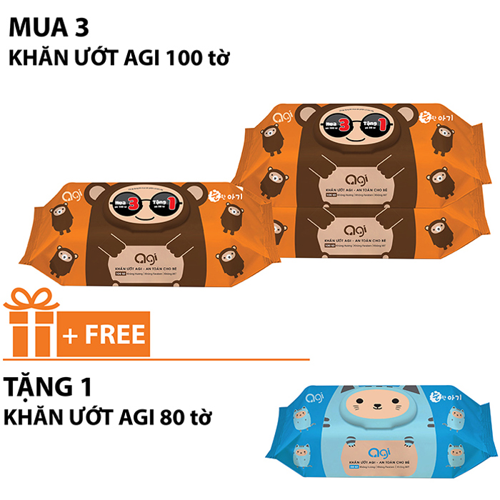 Combo Siêu Rẻ 3 Gói Khăn Ướt Agi 100 Tờ Không Hương + Tặng 1 Gói Khăn Ướt Agi 80 Tờ Không Hương
