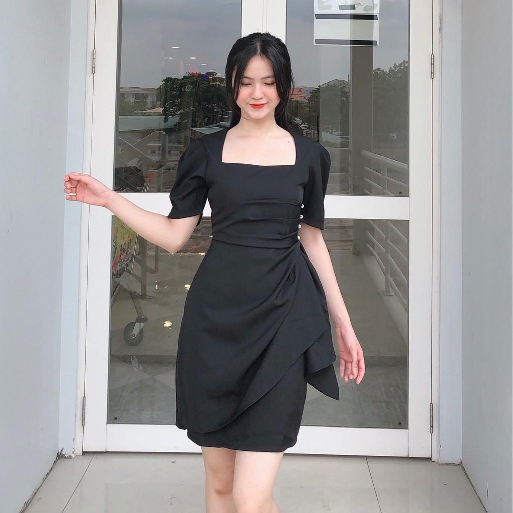 ĐẦM DỰ TIỆC ĐEN MANGO 2 LỚP CỔ VUÔNG PHỐI CƯỜM BÊN HÔNG TAY LỠ DÁNG ÔM BODY SEXY-hình thật shop chụp