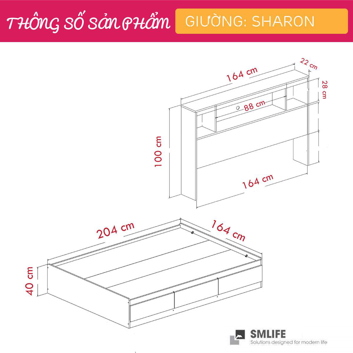 Giường ngủ gỗ hiện đại SMLIFE Sharon | Gỗ MDF dày 17mm chống ẩm | D205xR165xC100cm