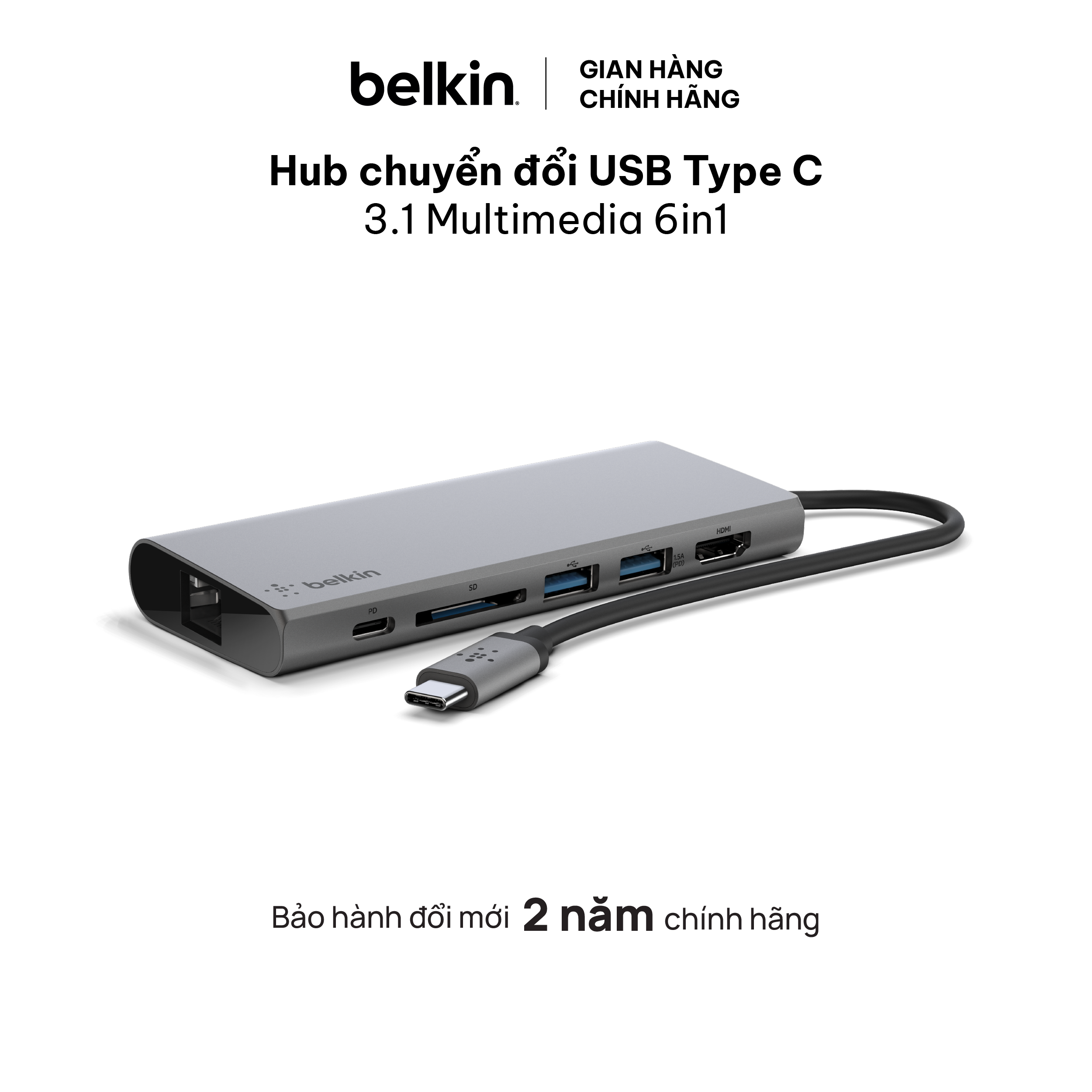 Hub USB Type-C Chia Đa Cổng USB-A/ USB-C/HDMI 4K/LAN/SD card Belkin F4U092btSGY - Hàng Chính Hãng