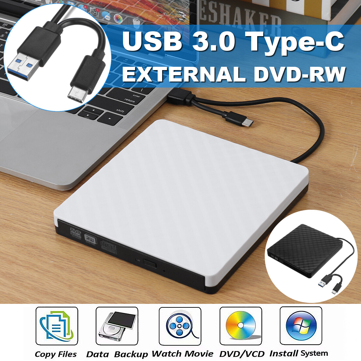 Ổ đĩa quang CD/DVD-RW cắm ngoài USB 3.0, Type-C cho Macbook, Laptop,Máy tính cây để bàn-Hàng Chính Hãng