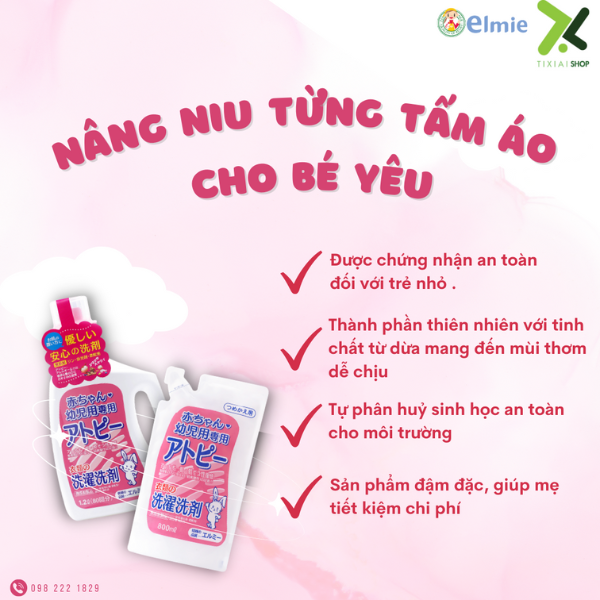 Nước giặt quần áo Elmie không chất phụ gia dành cho trẻ sơ sinh và trẻ nhỏ - 1200ml