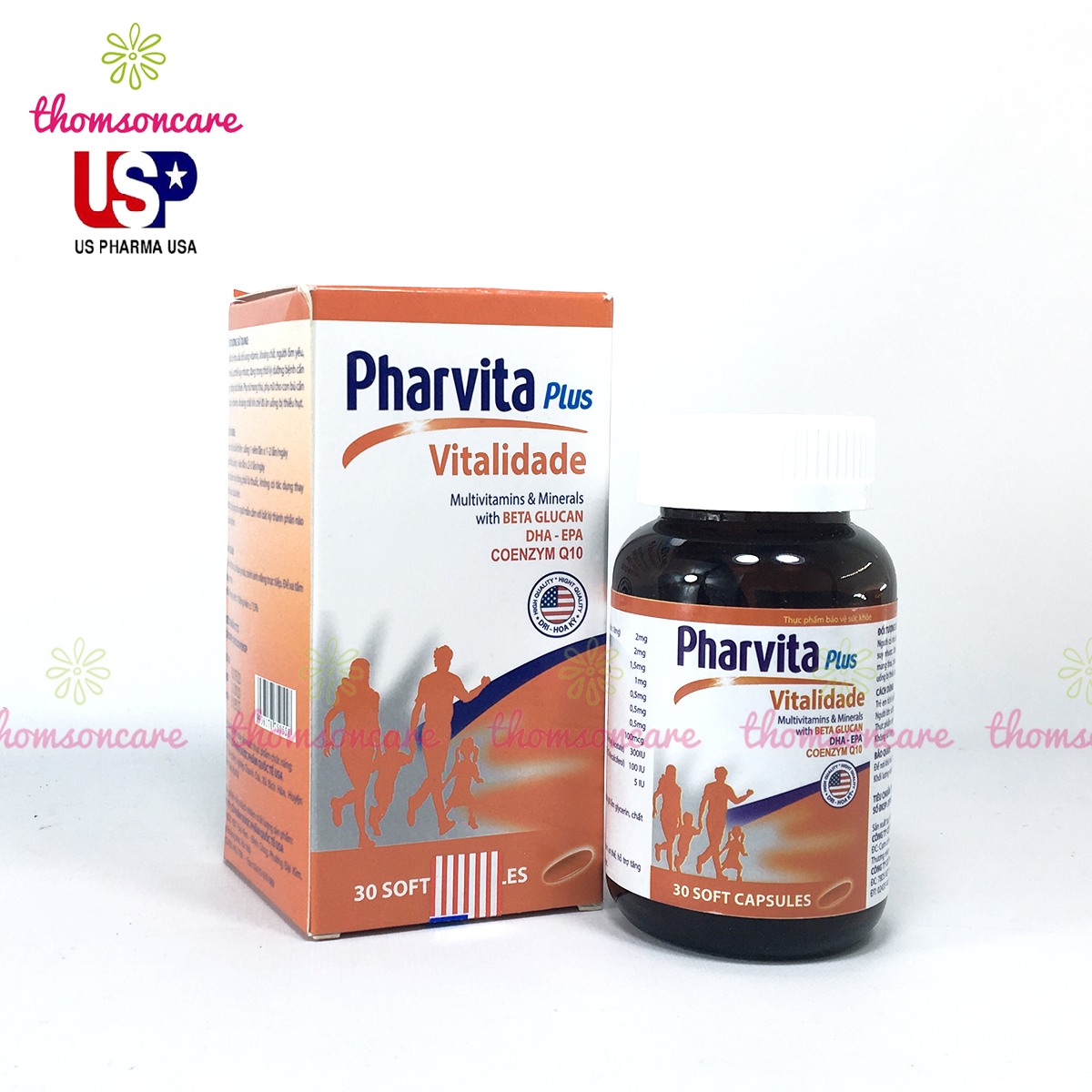 Bổ sung vitamin tổng hợp - Pharvita Plus - Lọ 30 viên có thêm Beta Glucan, DHA và Coenzym, giảm mệt mỏi, tăng cường sức khỏe