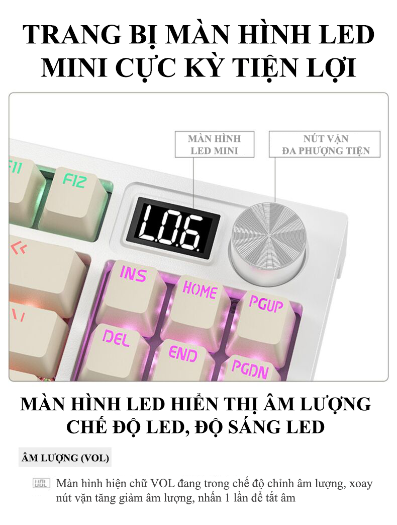 Bàn phím cơ Golden Switch LANGTU LT-84 kết nối có dây được trang bị màn hình led mini và nút vặn đa phương tiện kèm theo 19 chế độ đèn led - Hàng Chính Hãng