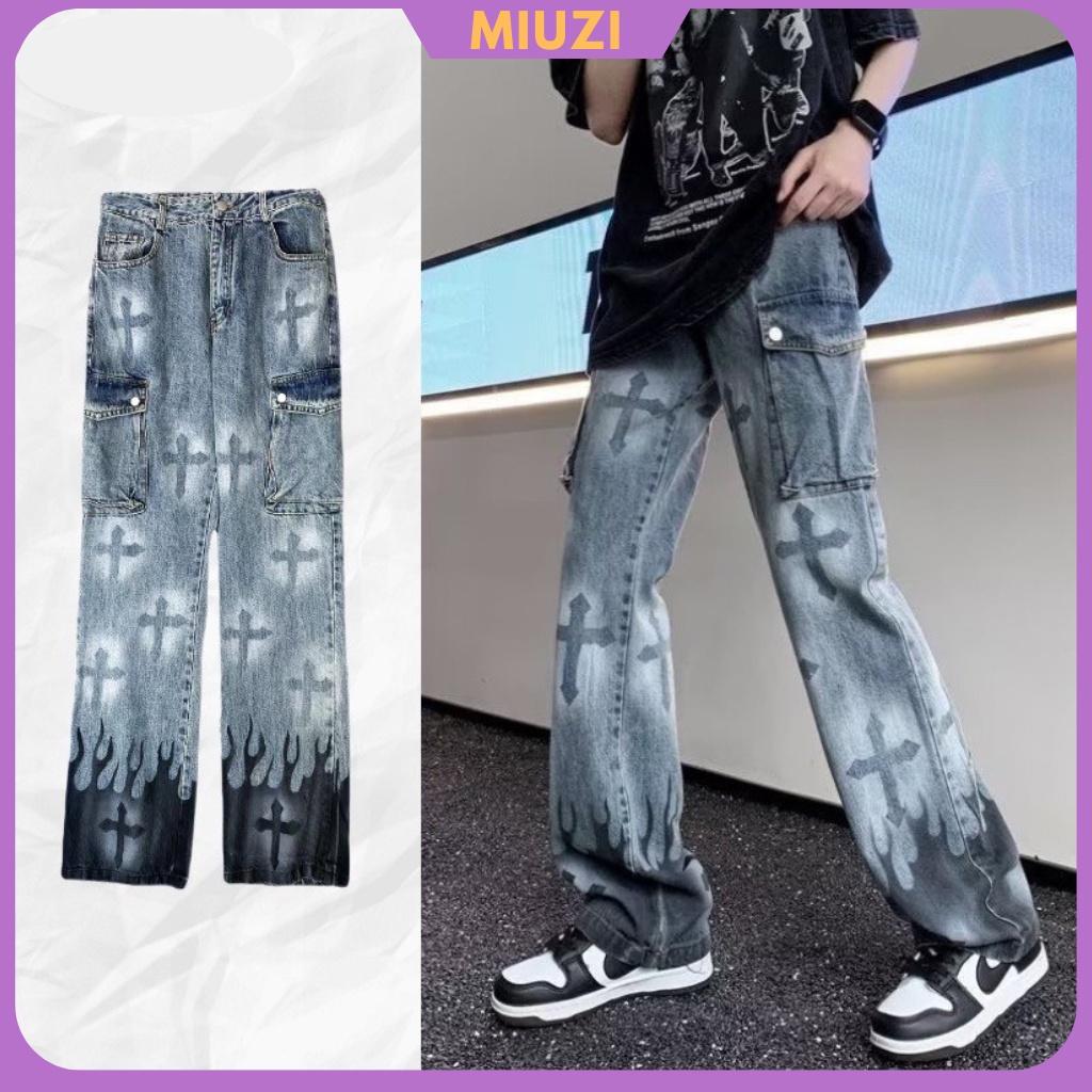 (Hàng Sẵn) Quần jean nam ống hộp họa tiết in thánh giá cá tính Miuzi,Quần jean Unisex Miuzi DT122