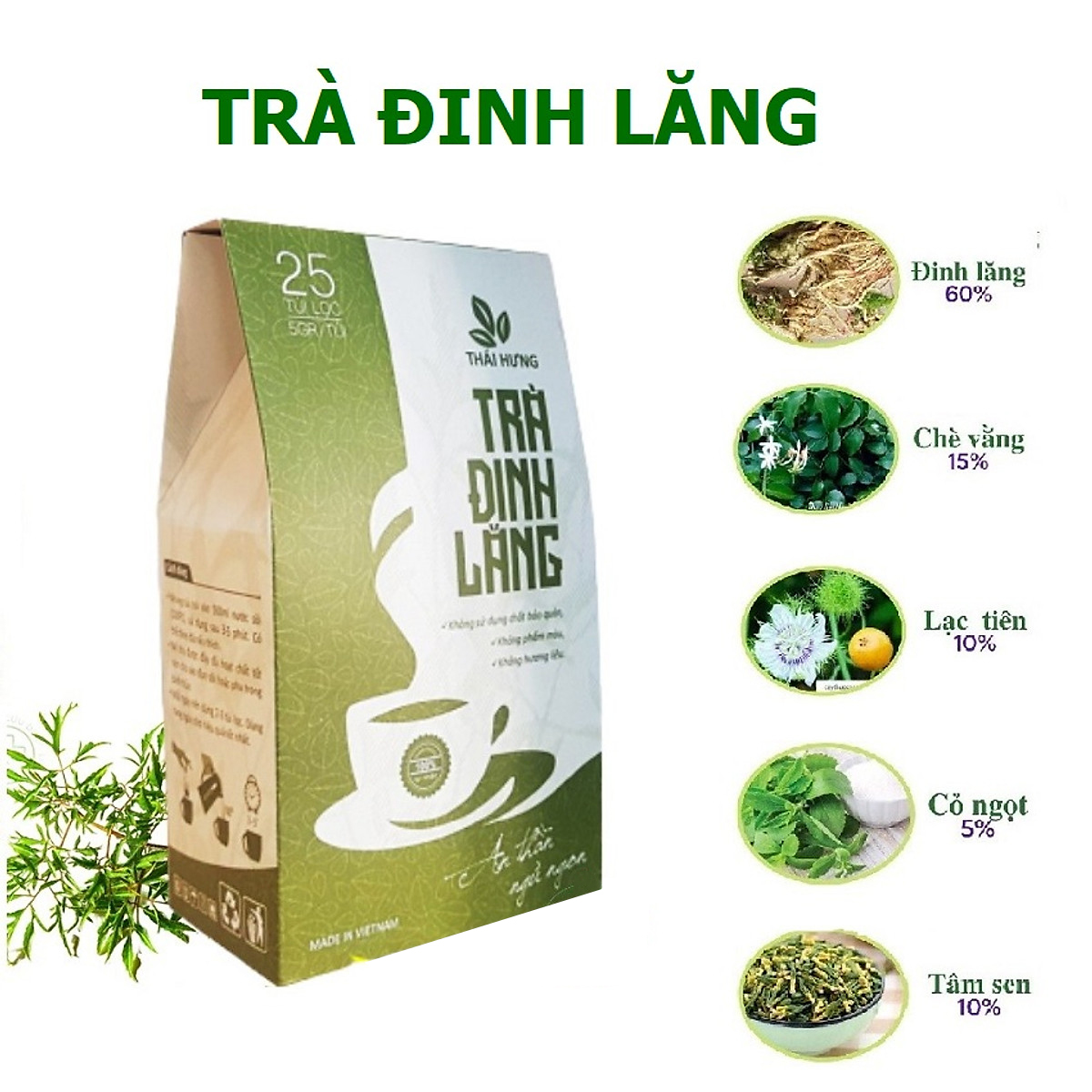 Trà Đinh lăng Thái Hưng 25 túi lọc x 5g - An thần, ngủ ngon, giảm stress (sản phẩm OCOP)