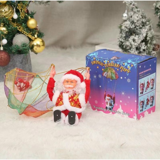 Đồ chơi ông già Noel leo dây nhảy dù dùng pin có nhạc cho bé, quà giáng sinh noel cho bé