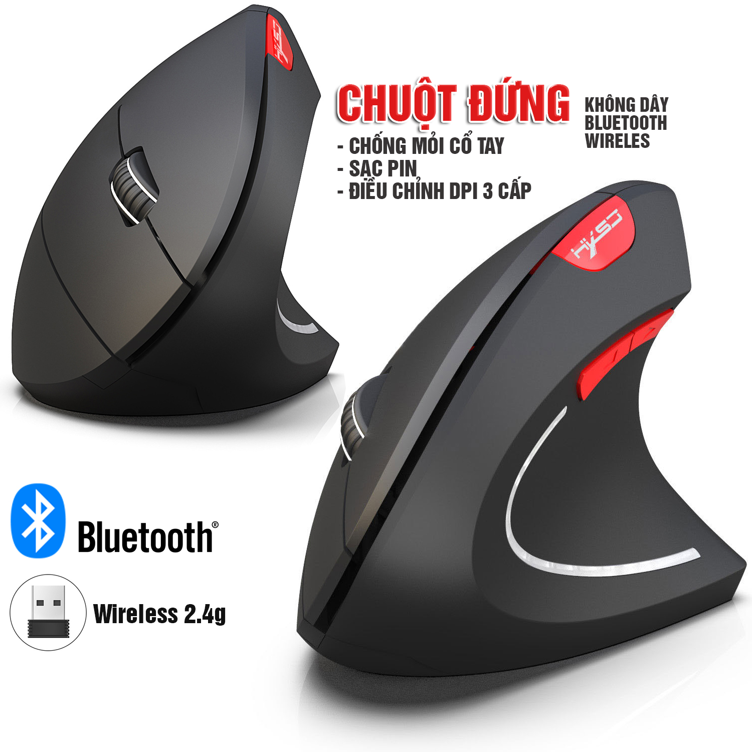 Chuột đứng không dây Wireless 2.4G, Bluetooth, DPI điều chỉnh 3 cấp, cho Gaming, Văn phòng, Designer 6 nút, chống mỏi cổ tay Dan House HXSJ T24, T24, T29, Pin sạc- Hàng chính hãng