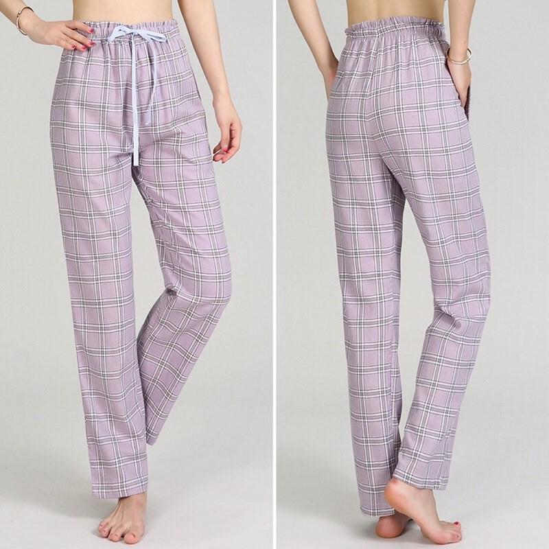 Quần nữ mặc nhà cotton dáng suông tím nhạt kẻ