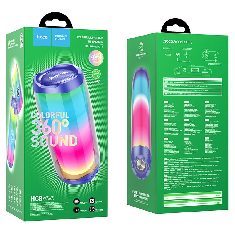 Loa Bluetooth Dành Cho HOCO HC8, Có Đèn Led Theo Nhạc 360 Độ, Công Suất 10W, Pin 1800mAh, Nghe Nhạc Sắc Nét, Hỗ Trợ Thẻ Nhớ USB - Hàng Chính Hãng