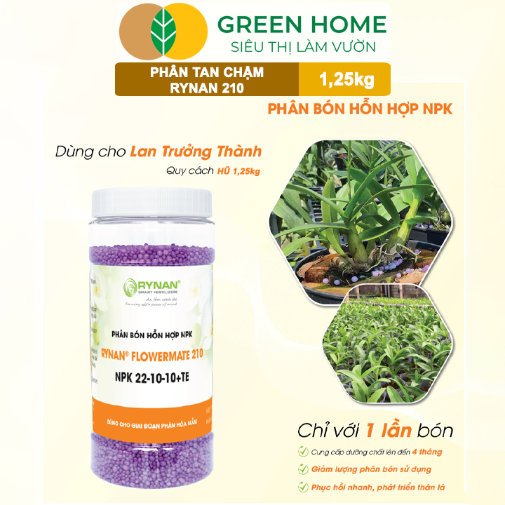Phân Tan Chậm GreenHome, Rynan 210, Hũ 1,25kg, Dùng Cho Phong Lan Trưởng Thành, Đủ Dưỡng Chất