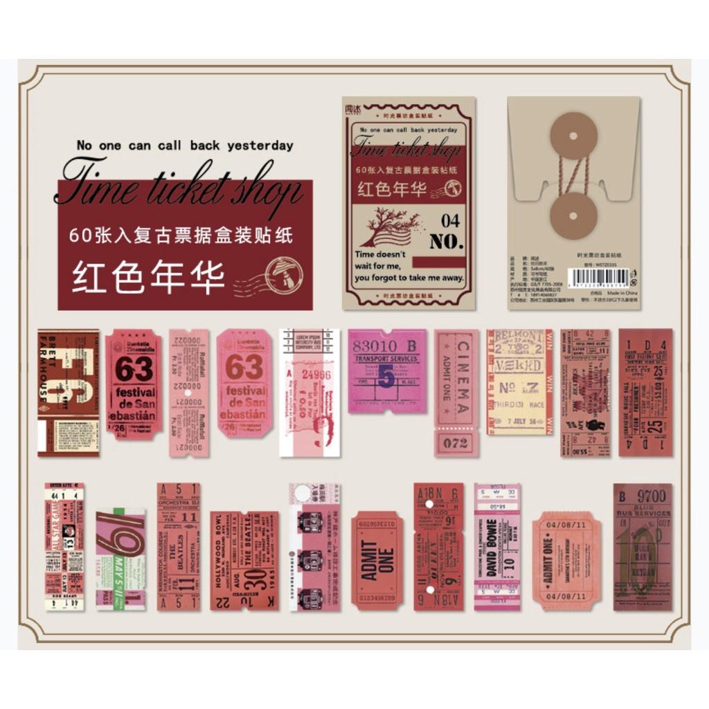 Hộp 60 pcs stickers kiểu vé ticket nhiều tông màu dùng để trang trí vintage cổ điển junkjournal