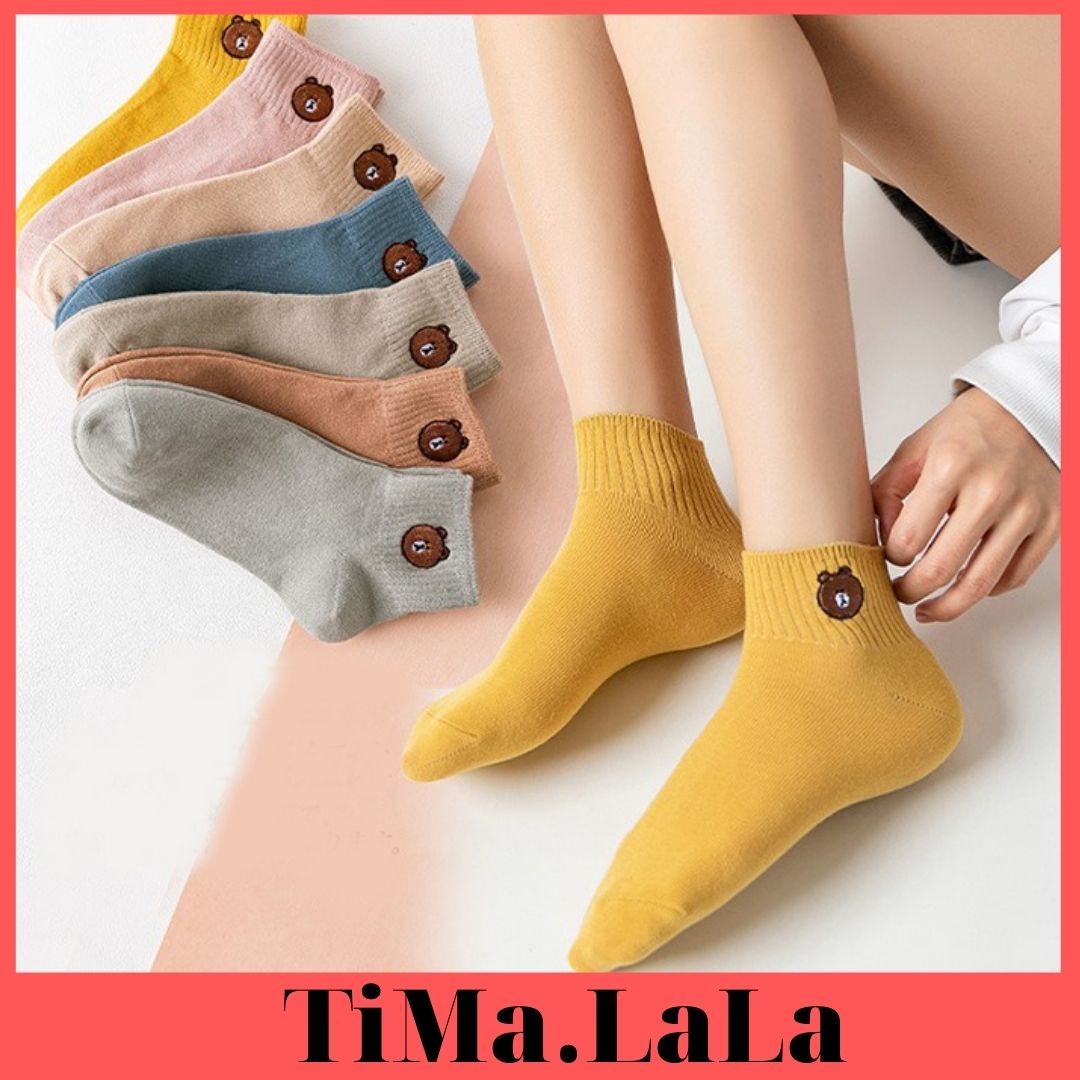 Combo 10 Đôi Tất Nữ Hình Gấu Cổ Ngắn Dễ Thương - Kèm Túi Đựng - TiMa.LaLa