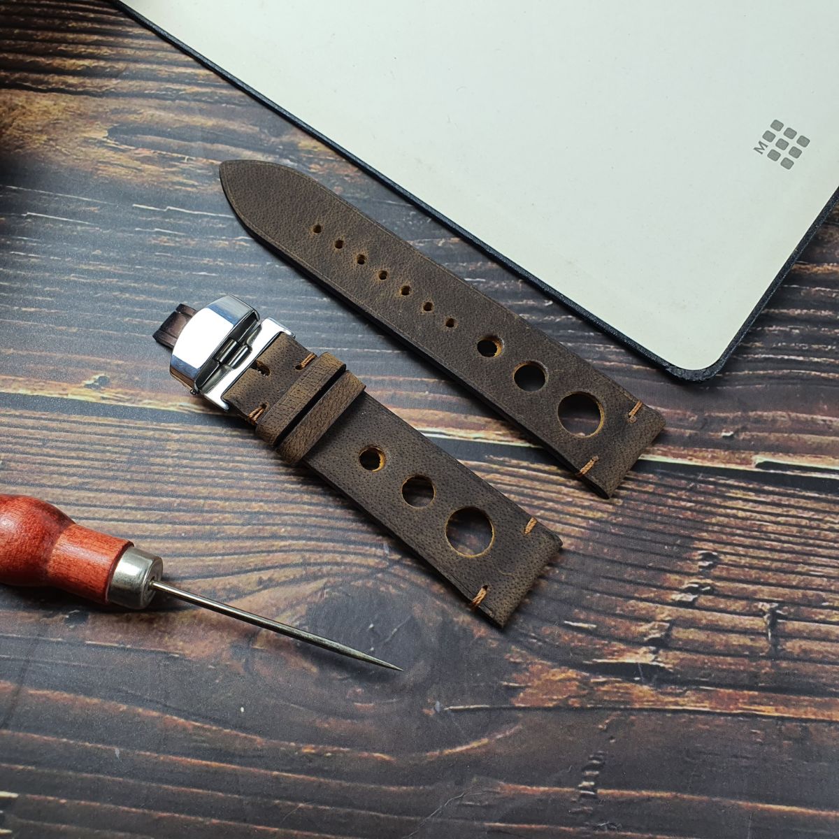 Dây da đồng hồ nam thủ công da bò sáp AL114 CAM KẾT CHẤT LƯỢNG - Y HÌNH - BH 3 năm Size 20/Size 22
