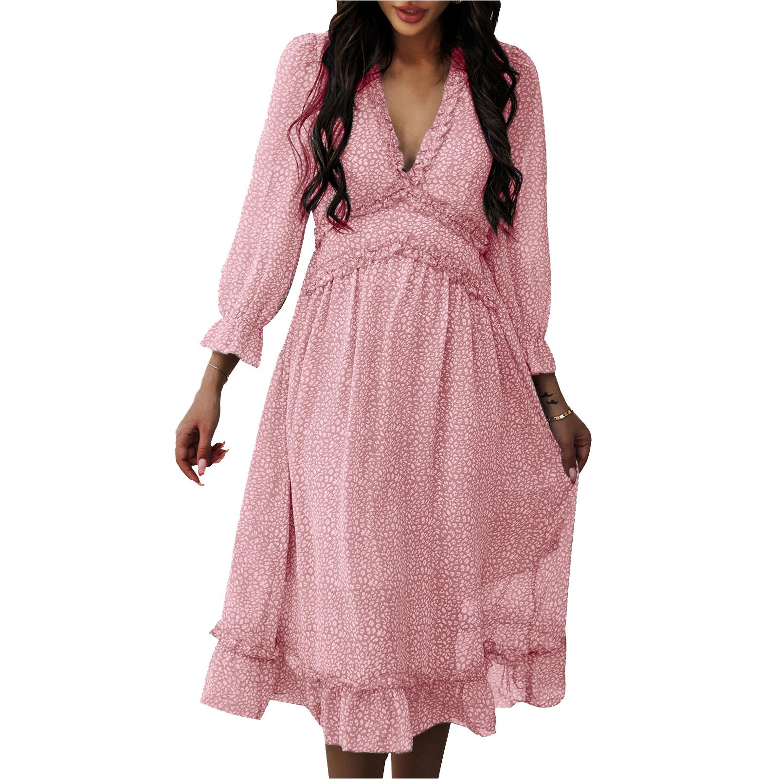 Women Dress Floral V Neck Ruffle High Waist Puff Long Sleeve Chiffon Casual Loose Long Dress