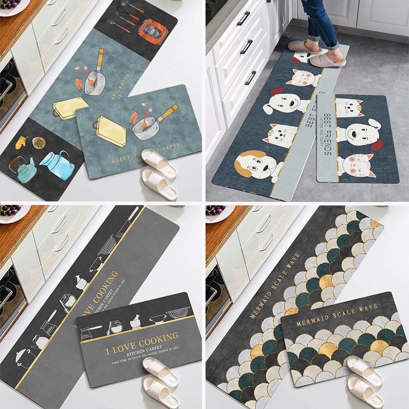 Cặp 2  thảm chùi  chân nhà  bếp  hoa văn  3D  ,   thiết kế lớp cao su chống trượt cao cấp  giúp  thảm  bám sàn ,   thấm hút nước  , phù hợp đặt mọi nơi trong nhà