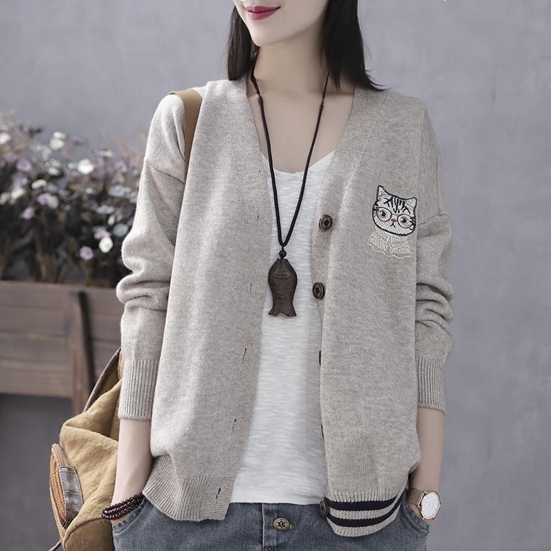 Áo cardigan len nữ thêu hình mèo trẻ trung, thời trang phong cách Hàn