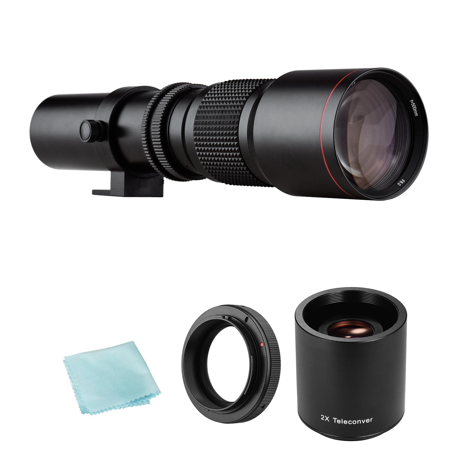 Camera Super Telephoto Lens 500mm F/8.0-32 Manual Zoom T-Mount+2X 500mm Teleconverter Lens+T2-EOS Adapter Ring for Canon