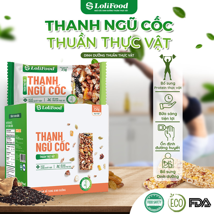 Thanh Ngũ Cốc LoliFood, 100% Thuần Thực Vật, Ngũ Cốc và Mật Dừa Nước, Ngũ Cốc Ăn Kiêng, Tập Gym, Giảm Cân 25gr x10 gói