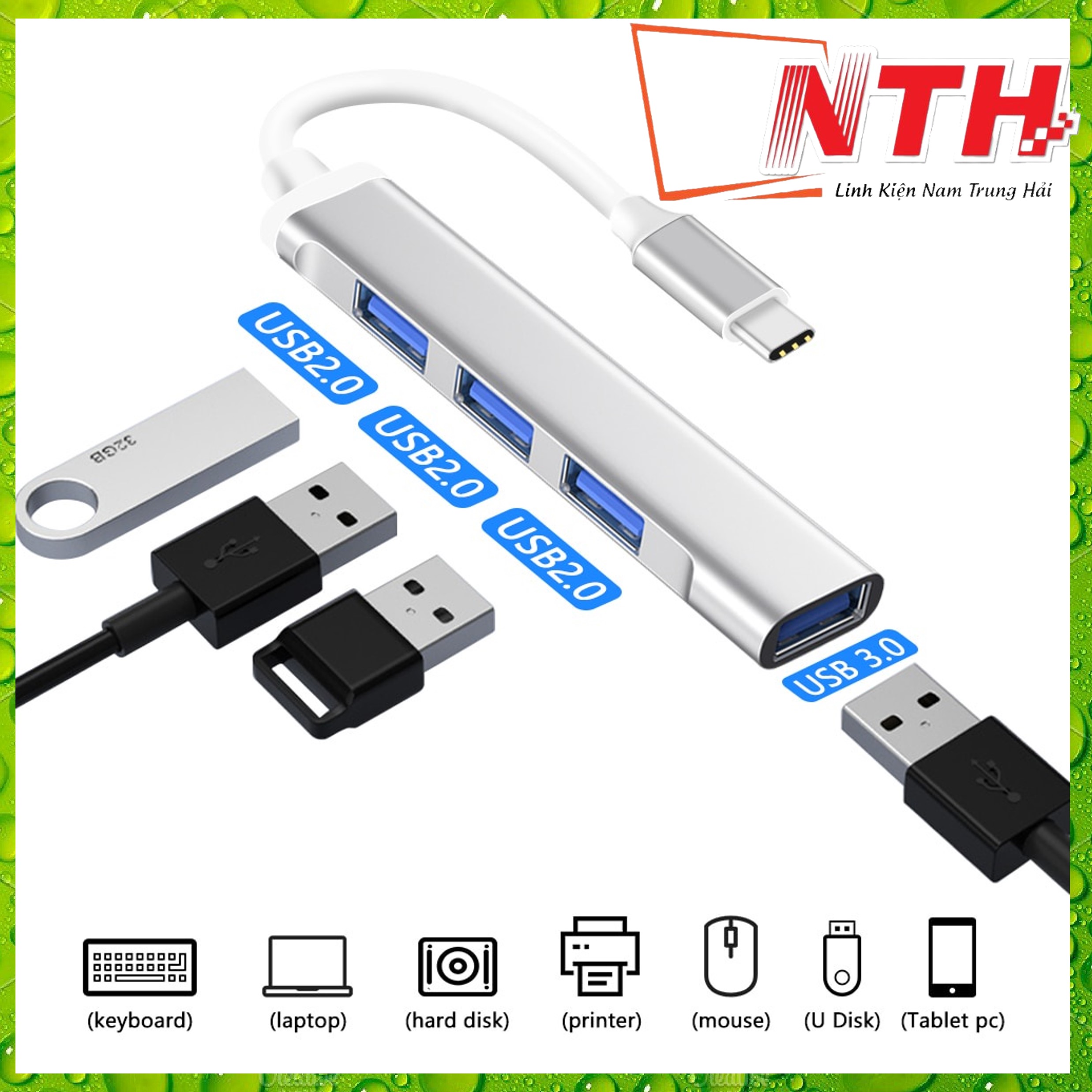 Bộ Chia Cổng Hub Type-C 4 Port ra USB 3.0 Chất Liệu Vỏ Nhôm Tốc Độ Truyền Tải Dữ Liệu Cao Hỗ Trợ Đa Nền Tảng