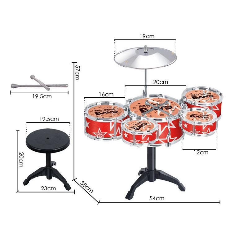 Bộ Trống Jazz Drum cho bé bao gồm: 1 ghế , 1 trống cái, 4 trống nhỏ, 1 cái chập chả và 2 dùi trống