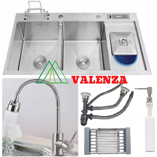 Combo chậu rửa chén bát inox sus304 Valenza 10048 có hộc rác, cài dao thớt, kèm vòi rửa bát nóng lạnh inox sus304 cần lò xo, bộ xả chậu, bình xà phòng, rá rau củ inox đa năng