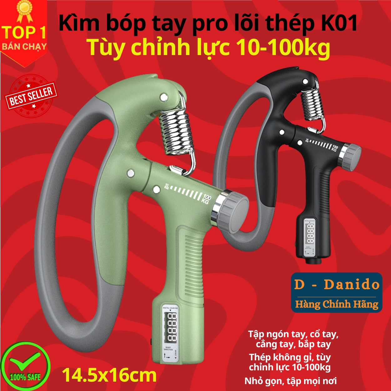 Kìm bóp tay, Kìm tập cơ tay dụng cụ tập gym tại nhà điều chỉnh lực 10-100kg có đếm số tự động D Danido