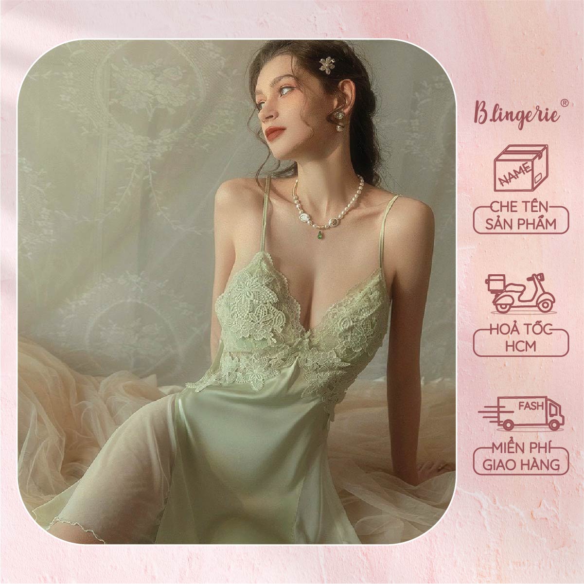 Váy Ngủ Lụa Phối Ren Quyến Rũ - B.Lingerie