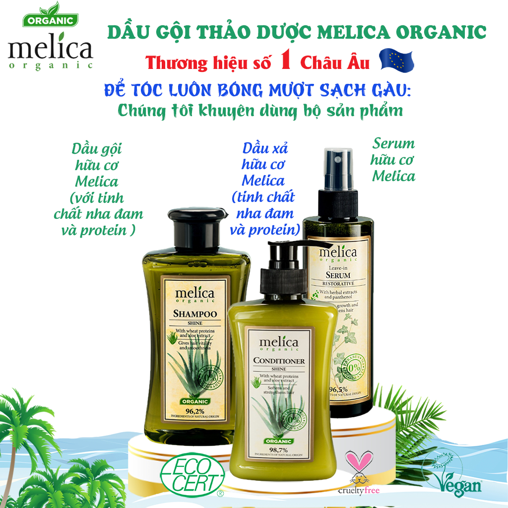 Bộ chăm sóc tóc mềm mượt, phục hồi hư tổn thảo dược hữu cơ Melica Organic dầu gội xả nha đam &amp; protein thực vật thủy phân và serum dưỡng tóc